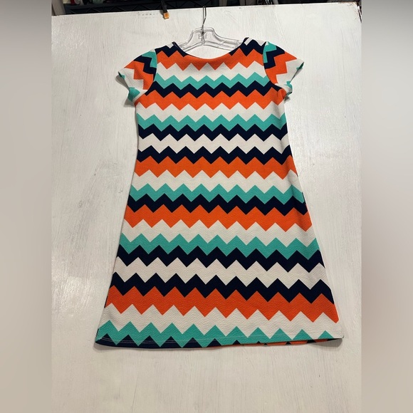 My Michelle Girls Chevron Knit Dress Size 10 Orange Teal Navy Short Sleeve - Picture 5 of 8